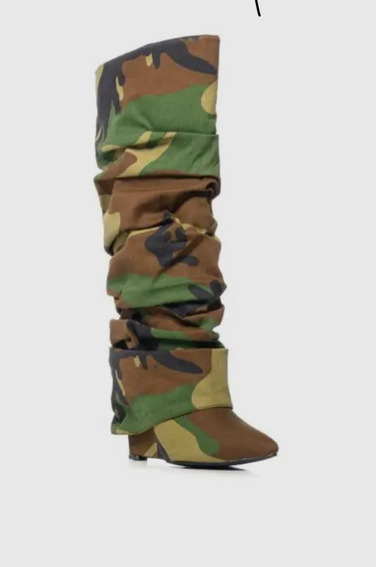 Stacked Camo Wedge Boot